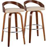 Grotto 30" Swivel Bar Stool in Walnut Wood & Cream Leatherette with Chrome Footrest (Set of 2)